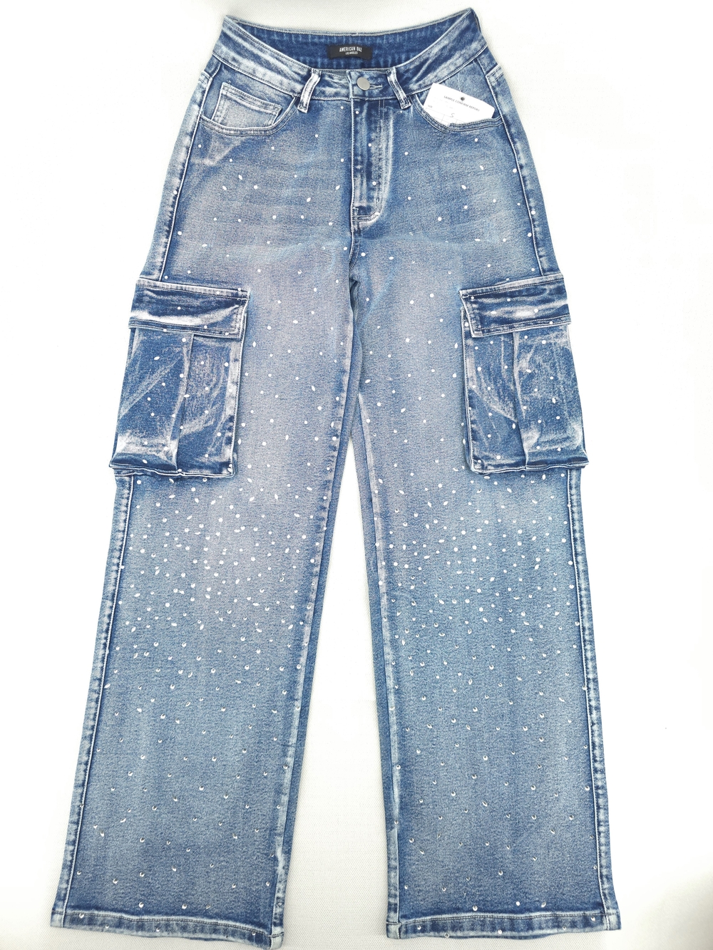 American Bazi Rhinestone Cargo Jeans Wide Leg Denim *Sample* NWT Small